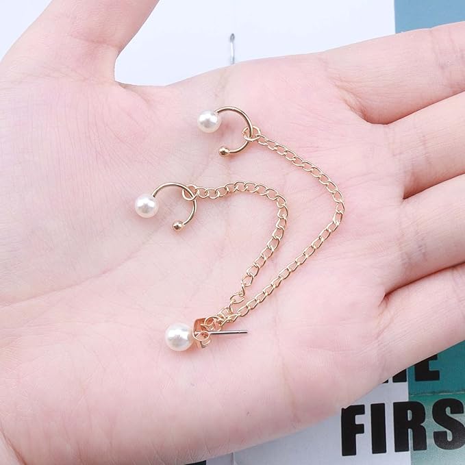 Vintage Pearl Cuff Chain Earrings Gold Chain Ear