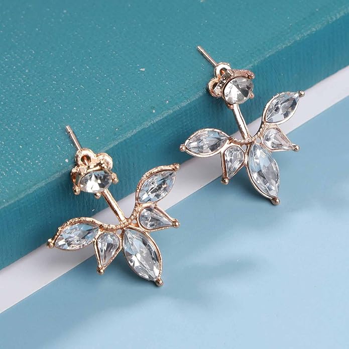 Boho Crystal Lotus Jackets Earrings Gold Crystal Studs