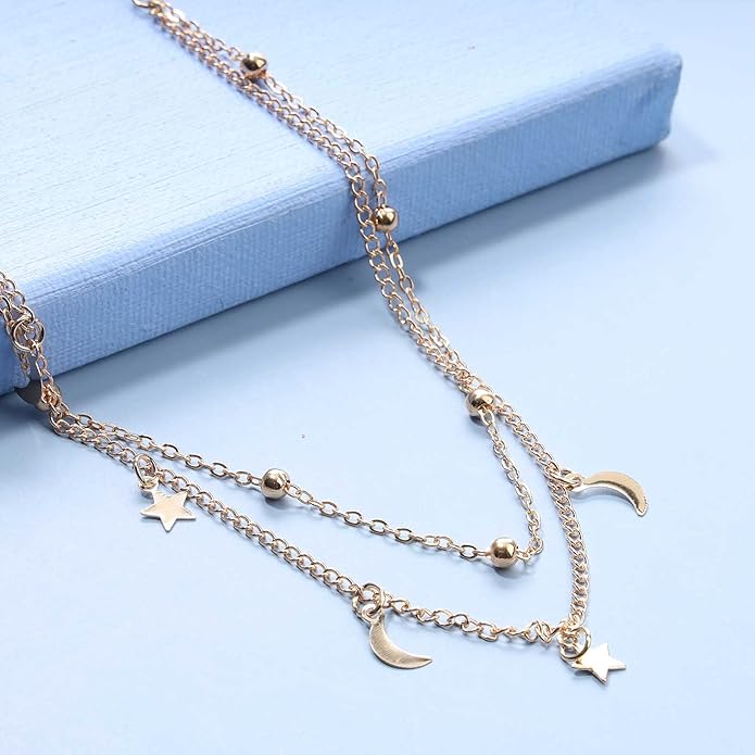 Boho Star Moon Necklace Choker Gold Layered Star
