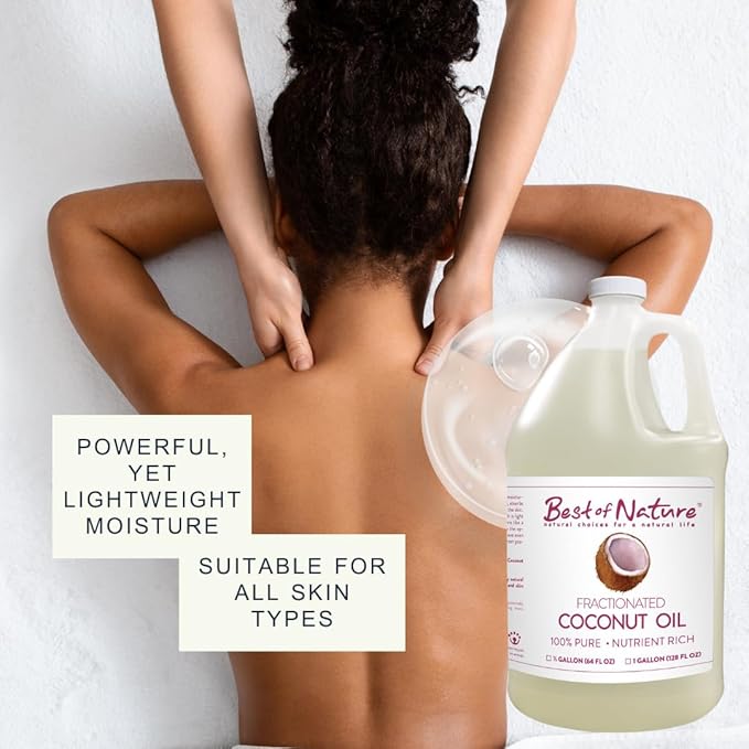 Best of Nature 100% Pure Fractionated Coconut Oil - Liquid MCT Massage & Body Oil, Unscented Moisturizer for Hair, Skin, Face, Aromatherapy Carrier for Essential Oils, Half Gallon (64 fl oz)
