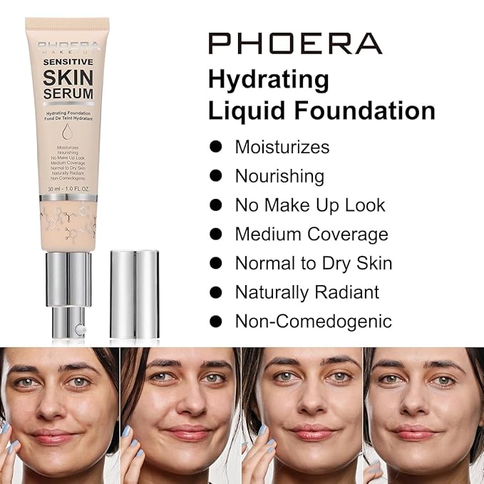 PHOERA Hydrating Serum Foundation,Makeup Base Foundation Hypoallergenic and