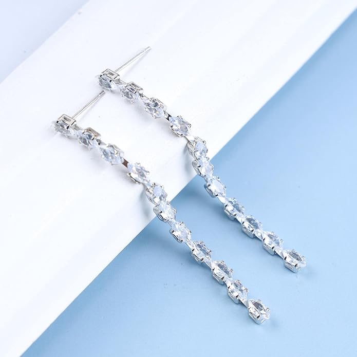 Vintage Rhinestone Chain Drop Earrings Silver Linear Crystal