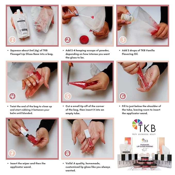 TKB Flexagel DIY Lip Gloss Making Kit| Make Your Own Lip Gloss| Moisturizing, High Shine, Crystal Clear| Vegan, Gluten and Cruelty free| Made in USA