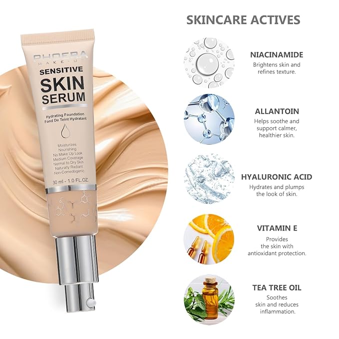 PHOERA Hydrating Serum Foundation,Makeup Base Foundation Hypoallergenic and