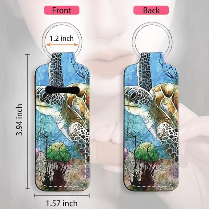 Chapstick Holder Keychain Holder Neoprene Lip Balm Lipstick Lip Gloss Holder Travel Accessory for Girls Women Gift(Sea Turtle Lonely Swim Oil Painting in Ocean)