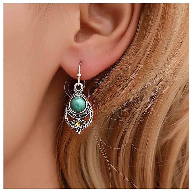 Boho Ethnic Turquoise Drop Earrings Silver