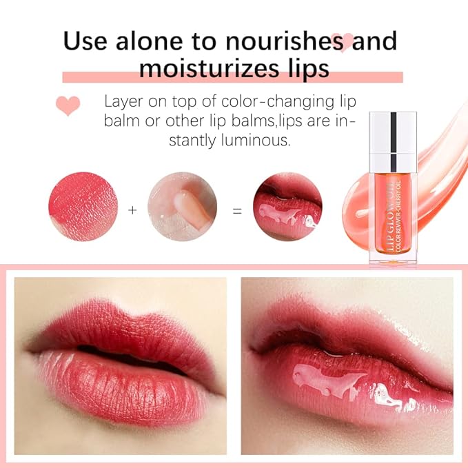 Hydrating Lip Glow Oil, Moisturizing Lip Gloss, Plumping Lip Oil, Non-Sticky Long Lasting Lip Oil Gloss, Transparent Lip Oil Tinted, Reduce lip lines (Pink)