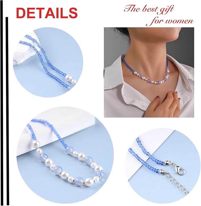 Boho Pearl Choker Necklace Vintage Blue
