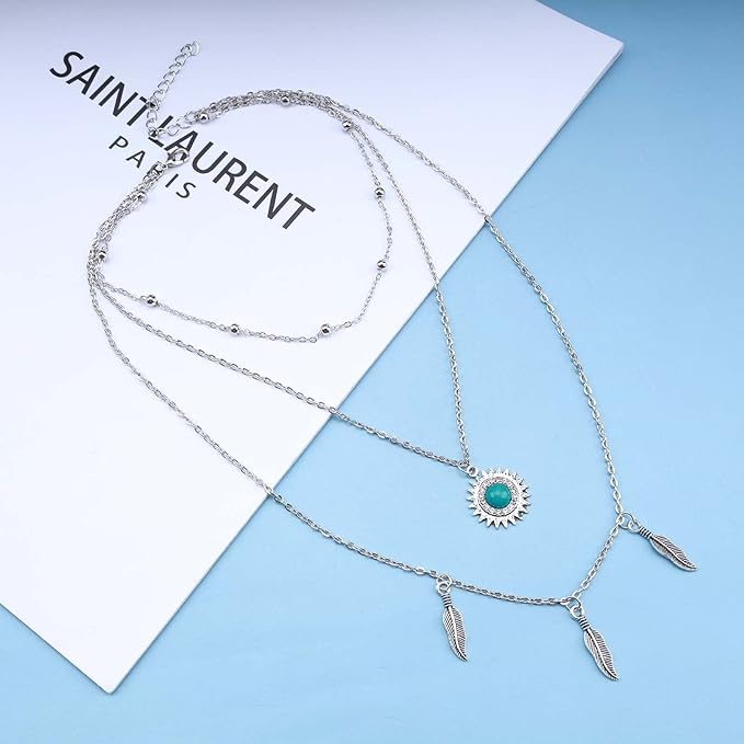 Boho Layered Feather Choker Necklace Turquoise Pendant Necklace