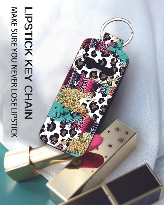 Chapstick Holder Keychain Holder Neoprene Lip Balm Lipstick Lip Gloss Holder Travel Accessory for Girls Women Gift(Turquoise Leopard)