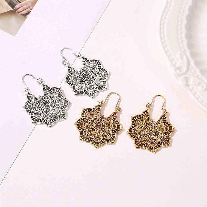 Boho Mandala Flower Earrings Gold Drop