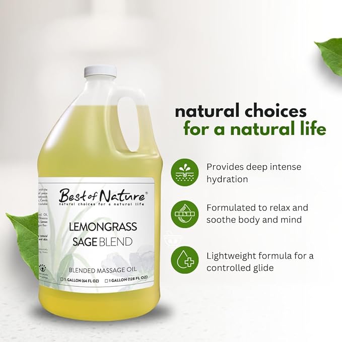 Best of Nature Lemongrass and Sage Massage Oil Blend - Non-Greasy Aromatherapy Massage Oil for Body, Skin & Face, Crafted with Pure Essential Oils, Gallon (128 fl oz)