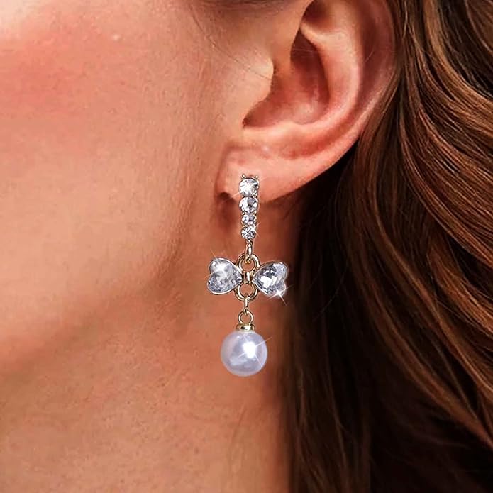 Vintage Crystal Pearl Dangle Earrings Rhinestone