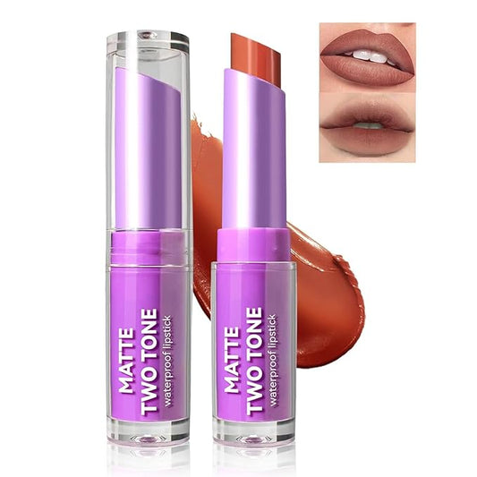 Nude Lipstick, 2 In1 Two Tone Bitten Moisturzing Waterproof Lipstick Gradient Bitting Matte Lipstick V Styling Glimmer Balm, Long Lasting Waterproof Silk Finish Lip Gloss for Women (#03)