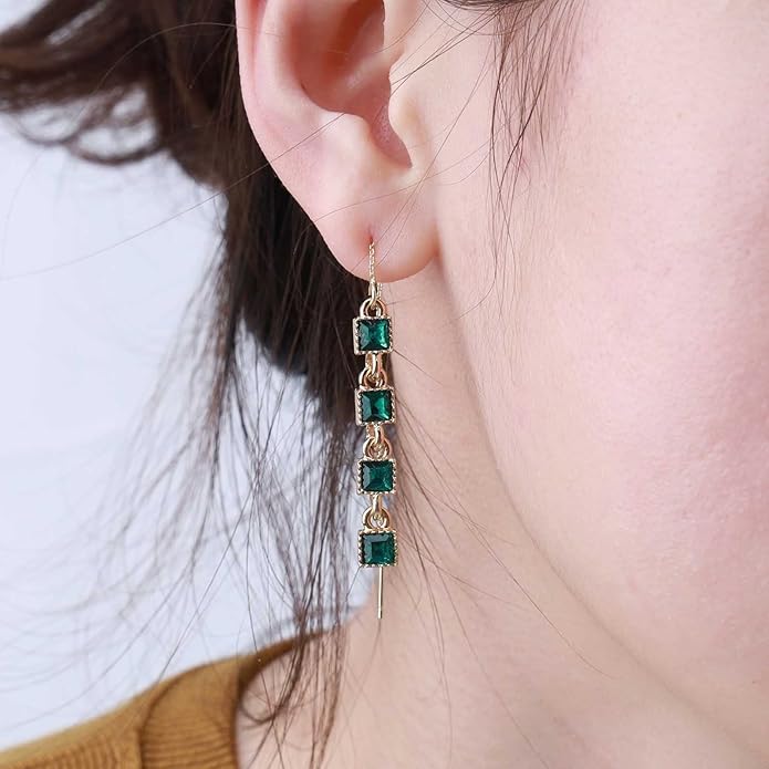 Vintage Crystal Emerald Threader Earrings Emerald Square Stud