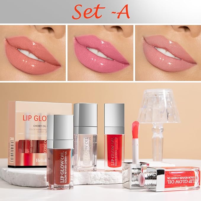 3 Set Lip Oil Hydrating Tinted Lip Gloss, Plump Lip Gloss Lip Care Transparent Toot Lip Oil Tinted, Glass Lip Glow Oil Fresh Texture & Non-sticky, Nourishing Repairing Lightening Lip- A