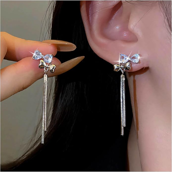 Vintage Crystal Bow Chain Drop Earrings Rhinestone Heart