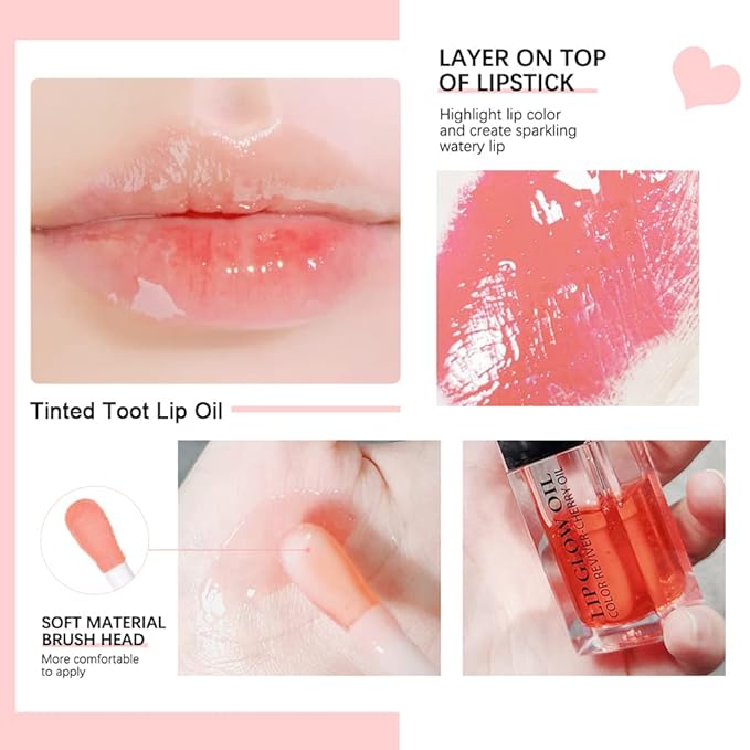 Charm Kiss Plumping Lip Oil, Hydrating Glitter Gloss Lip Gloss Transparent Toot Lip Oil Tinted, Big Brush Head Lip Glos Long Lasting Nourishing Non-sticky Fresh Texture Lip care products for Women