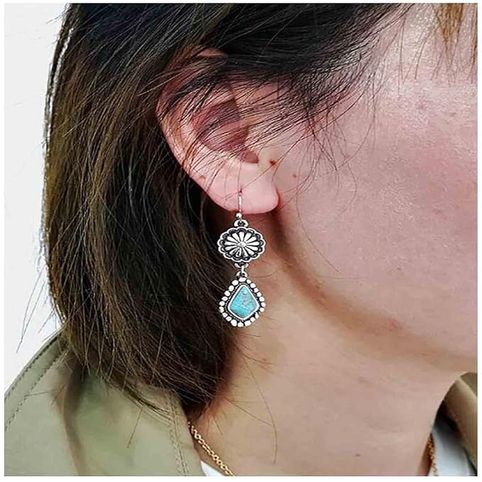 Boho Oval Turquoise Earrings Silver Circle Dangle Drop