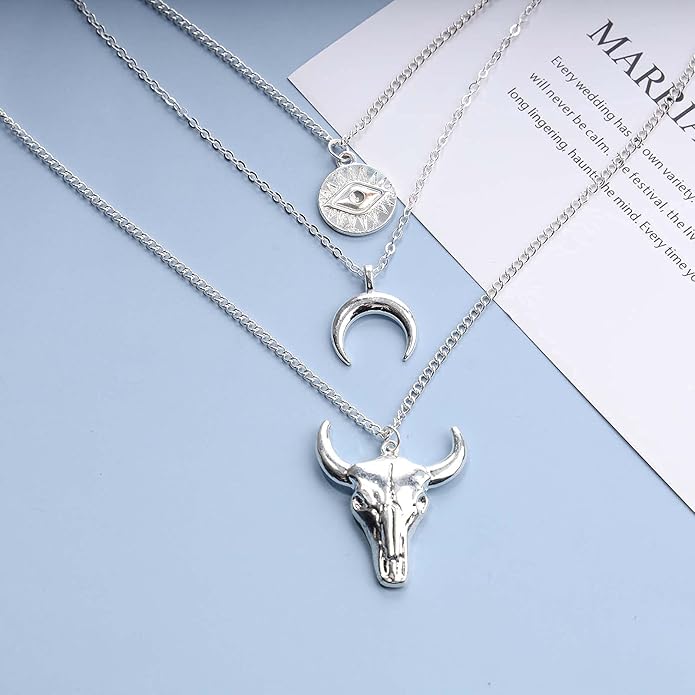Boho Layered Moon Necklace Silver Compass