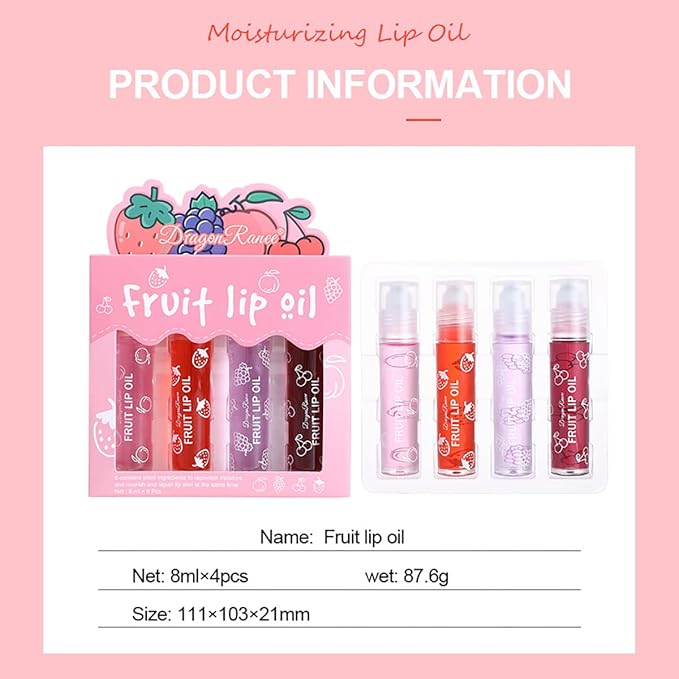 4 Pcs Fruit Roll-on Lip Gloss Set, Clear Lip Gloss Crystal Jelly Liquid Lipstick, Plumping Lip Oil Moisturizing Hydrating Non-Sticky, Nice Gift for Women Girl