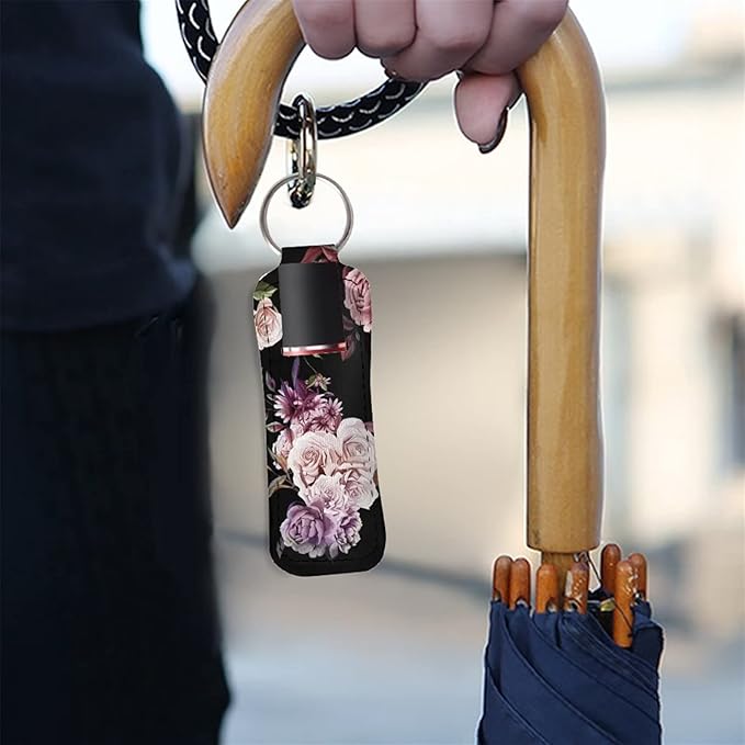 Neoprene Chapstick Holder Keychain Elegant Rose