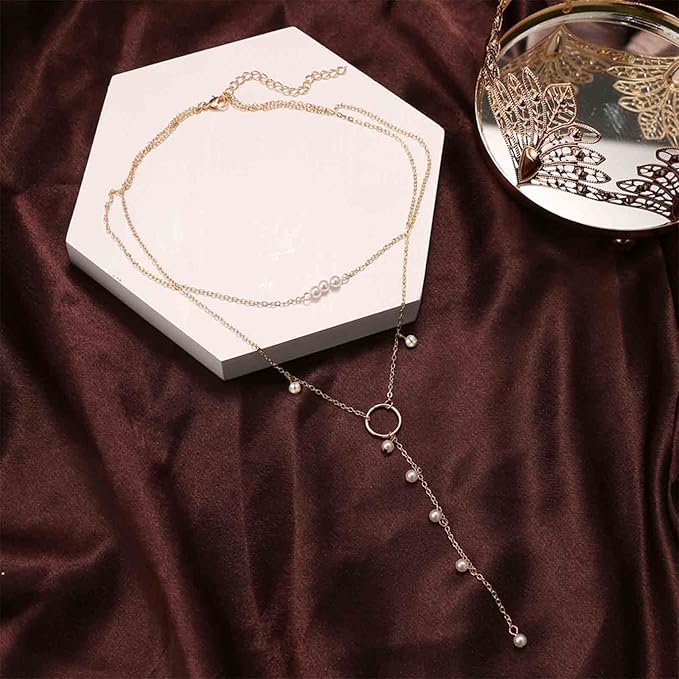 Boho Circle Pearl Lariat Necklace Gold Long Lariat