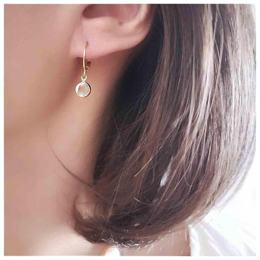 Round Bezel Dangle Earrings Gold Crystal Quartz Earrings