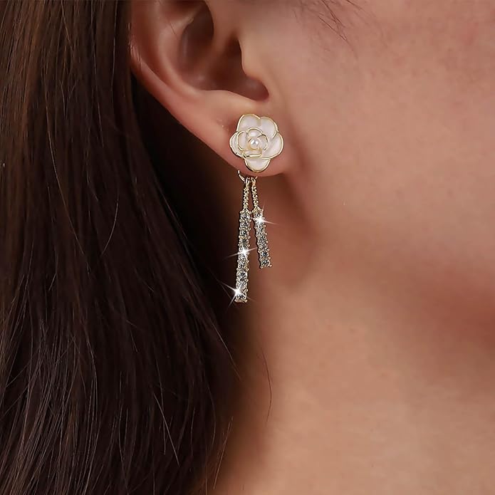 Vintage Crystal Flower Drop Earrings Pearl