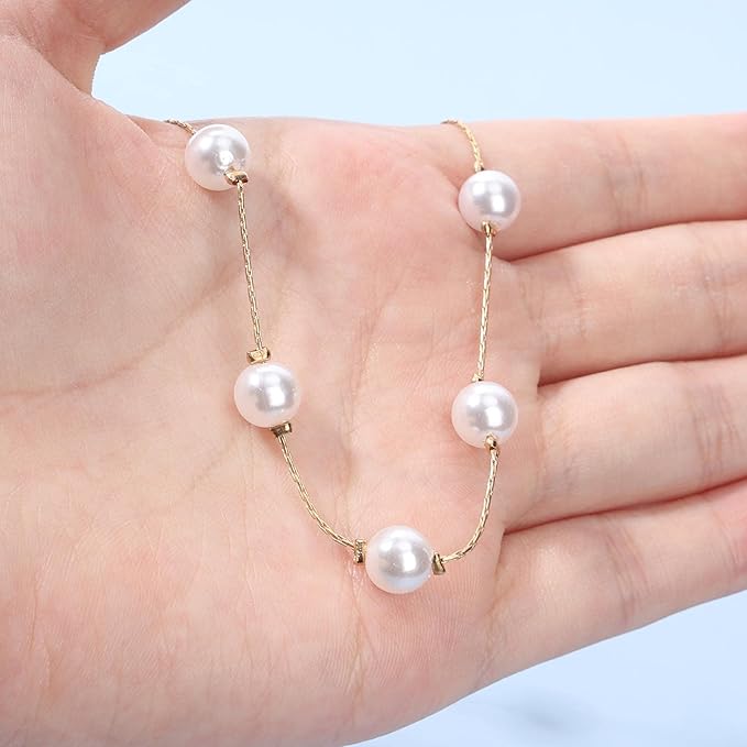 Boho Pearl Choker Necklace Floating Pearl Station Necklace