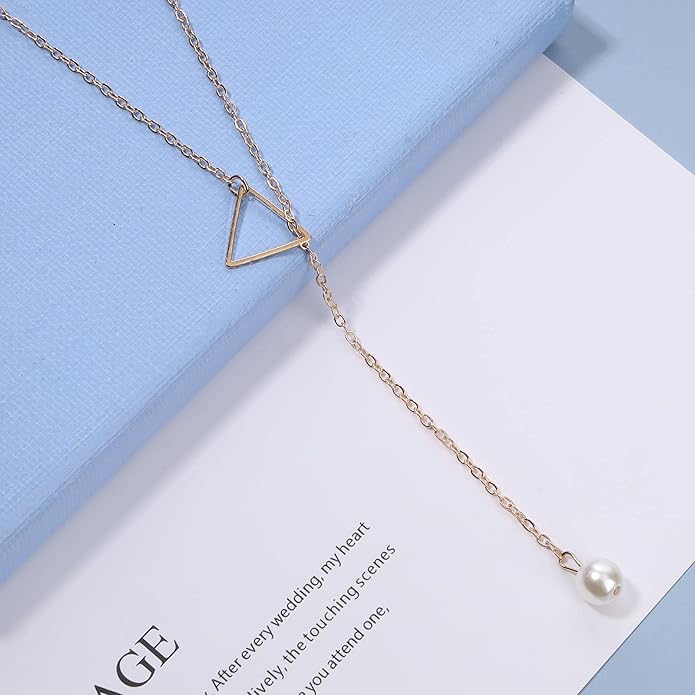 Boho Pearl Triangle Necklace Gold Y