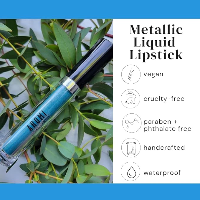 Aromi Bright Blue Metallic Liquid Lipstick | Ocean Lip Color with Shimmery Finish, Vegan, Cruelty-free, Long-lasting, Handmade (Snow Queen)