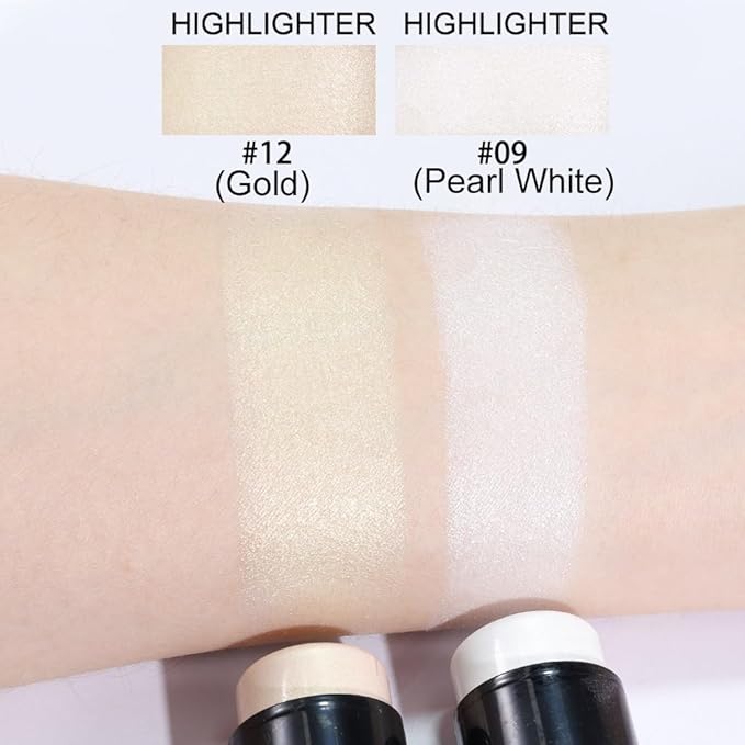 Kaely 2Pcs Cream Highlighter Stick Kit,Cheek Contour Glitter Lasting Waterproof,09+12