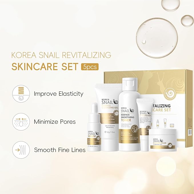 Snail Korean Skin Care Set - All About Snail Mucin Kit, Skin Care Kit with Cleanser, Toner, Serum, Eye Cream, Face Cream, Facial Kit for Women & Girls Hydrating Skin, TSA-Friendly Sizes 5Pcs