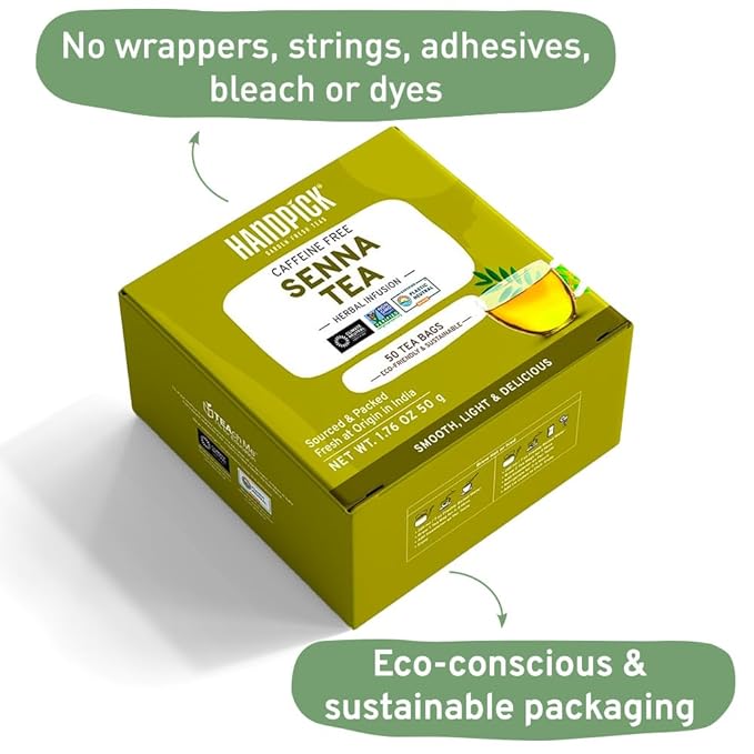 HANDPICK, Senna Tea Bags (50 Count) Non-GMO, Caffeine Free, Senna Leaves- Mild Taste | Premium Round Eco-conscious Tea Bags