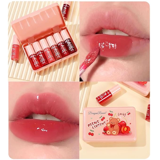 6 Colors Lip Tint Stain Set, Korean Lip Gloss Matte Velvet Lip Stain, Multi-Use Cheek and Lip Tint Moisturizing Mini Liquid Lipstic, Non-Stick Cup, Lightweight, High Pigment, Long-Lasting, Vivid Color