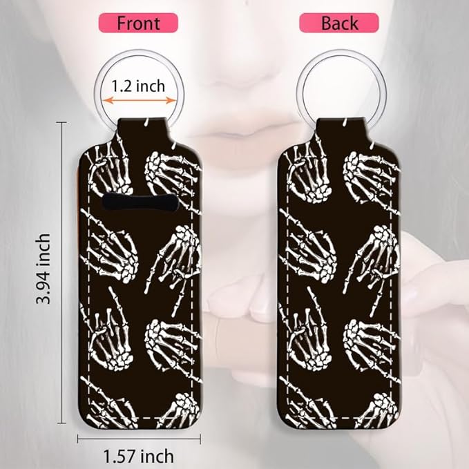 Chapstick Holder Keychain Holder Neoprene Lip Balm Lipstick Lip Gloss Holder Travel Accessory for Girls Women Gift(Skeleton Skull Hand)