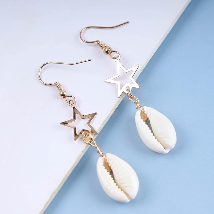 Vintage Cowrie Drop Earrings Puka Shell Dangle Earrings