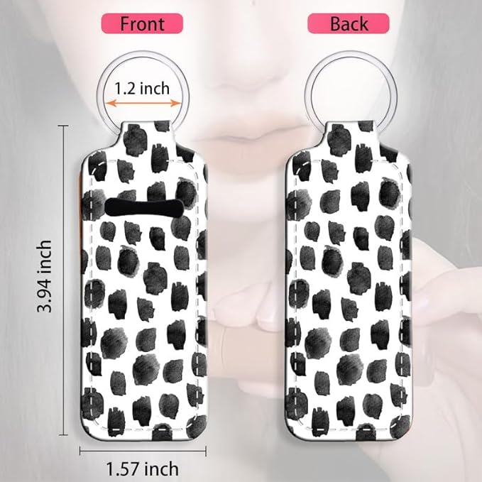 Chapstick Holder Keychain Holder Neoprene Lip Balm Lipstick Lip Gloss Holder Travel Accessory for Girls Women Gift(Black Leopard Dots)