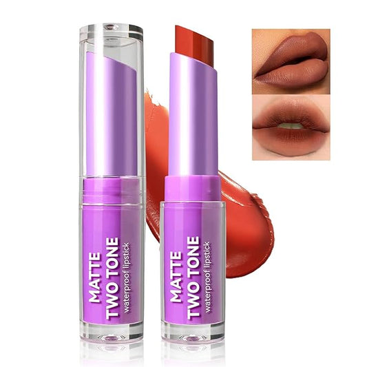 Nude Lipstick, 2 In1 Two Tone Bitten Moisturzing Waterproof Lipstick Gradient Bitting Matte Lipstick V Styling Glimmer Balm, Long Lasting Waterproof Silk Finish Lip Gloss for Women (#06)