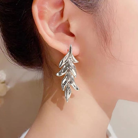 Statement Leaf Dangle Drop Earrings Vintage Silver Leaf