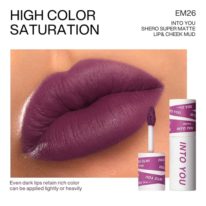 INTO YOU Matte Lipstick, Super Stay Lipstick for Women, Waterproof, Long Lasting Lipstick, High Impact Lipcolor with Lightweight Lip Mud Texture, Dual-use for Lips and Cheek, Purple Lipstick (EM26)