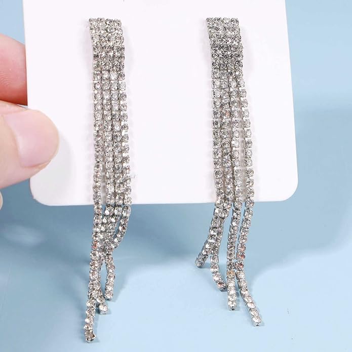 Boho Rhinestone Tassel Earrings Long Fringe Drop Dangle