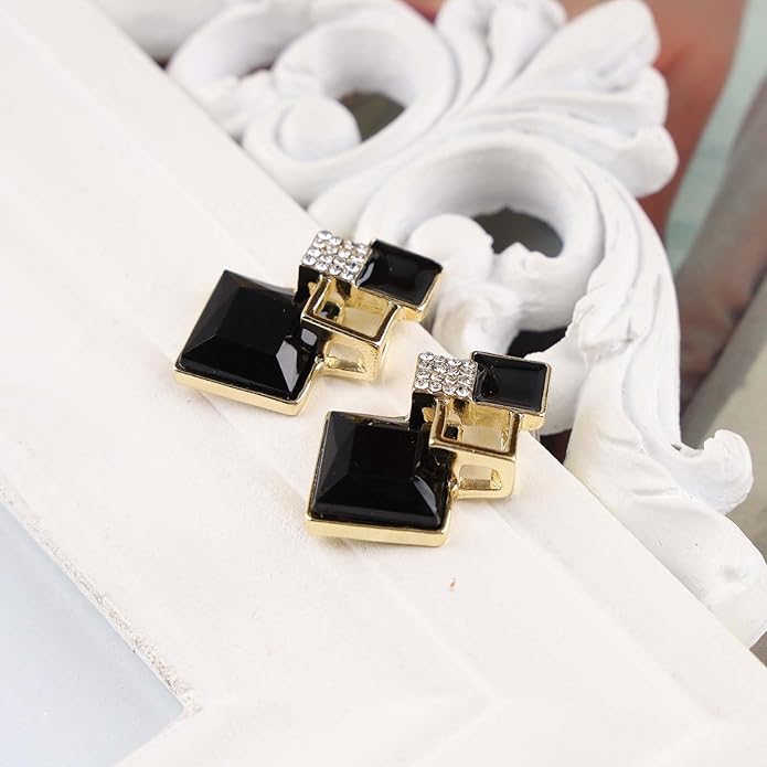 Vintage Crystal Square Drop Earrings Black Square Stud
