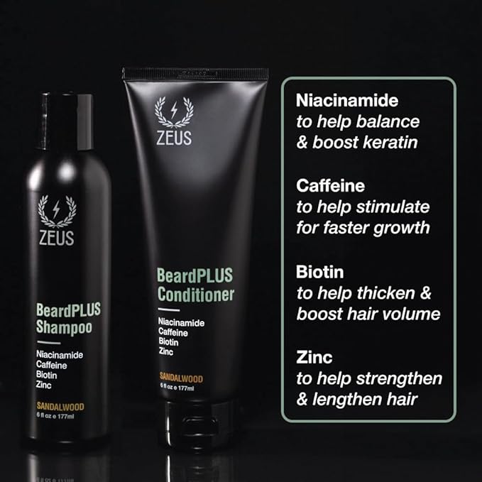 ZEUS BeardPLUS Essential Beard Growth Set, Premium Shampoo & Conditioner Wash and Growth Serum for Thicker & Stronger Facial Hair with Biotin (Made in USA) 3-Piece Set