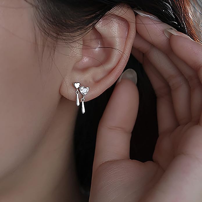 Vintage Crystal Heart Drop Earrings Silver Cz Teardrop