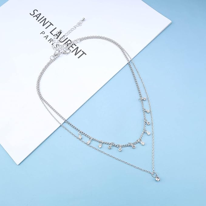 Boho Layered Silver Choker Necklace Crystal