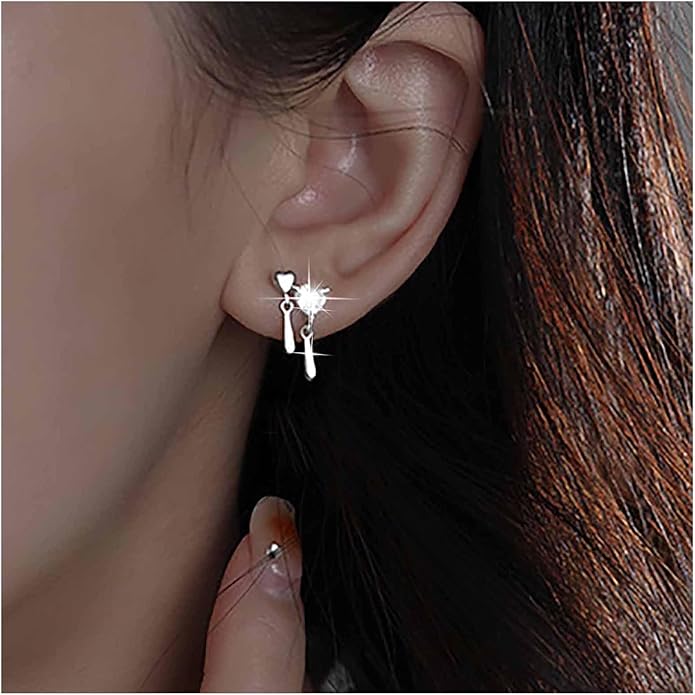 Vintage Crystal Heart Drop Earrings Silver