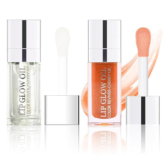 Lip Oil, Hydrating Lip Gloss Tinted Lip Balm Transparent Lip Care, Big Brush Head Glitter Shine, Long Lasting Nourishing Non-sticky Fresh Texture, Transparent+Champagne Gold