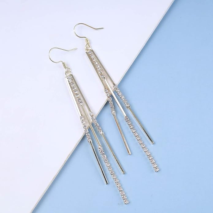 Vintage Crystal Tassel Earrings Rhinestone Bar Drop Earrings